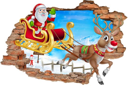 Naklejki na ścianę 3d Mikołaj Święta sanki - NaklejkiOzdobne.pl